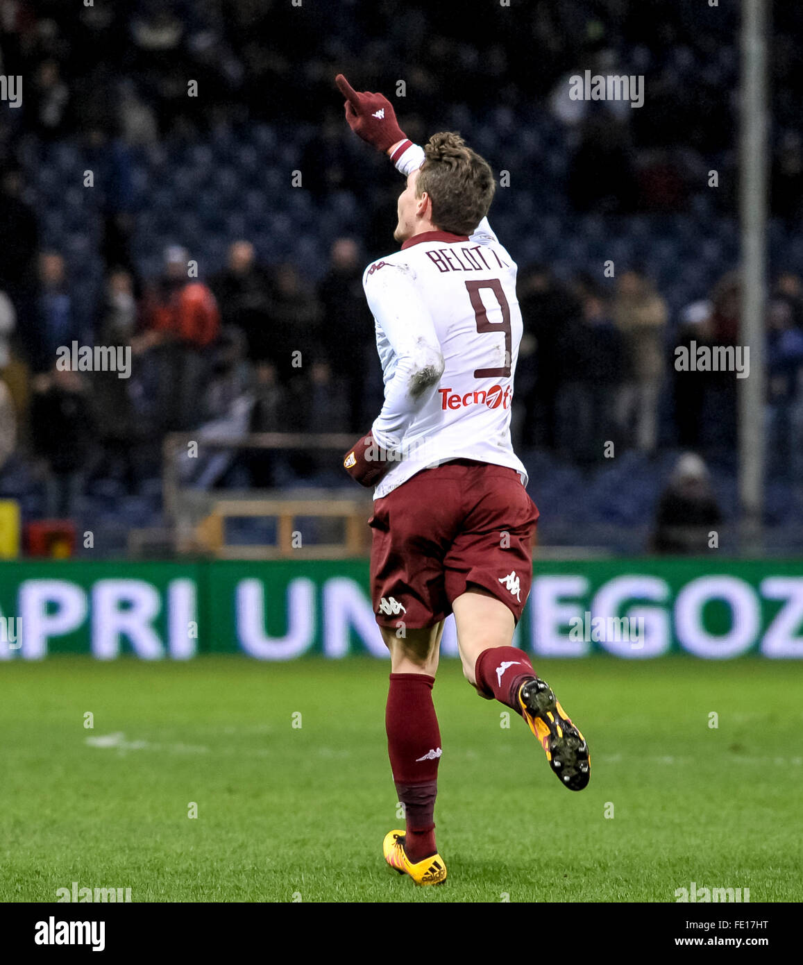 Genova, Italia. 03Feb, 2016. Andrea Belotti celebra dopo rigature durante  la serie di una partita di calcio tra UC Sampdoria e Torino FC. La partita  finisce con il risultato finale di 2-2.