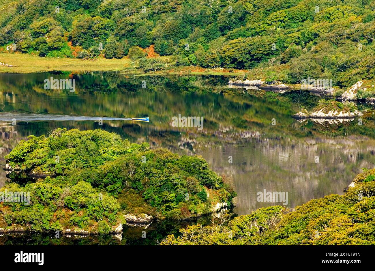 L uomo nella piccola barca da pesca che viaggiano sul lago Superiore, Parco Nazionale di Killarney, nella contea di Kerry, Irlanda Foto Stock