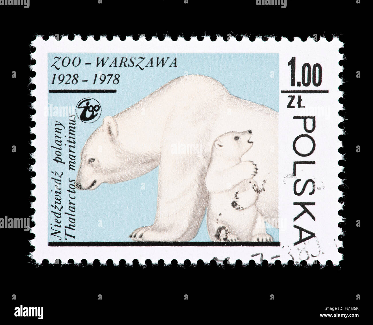 Francobollo dalla Polonia raffigurante un orso polare (Ursus maritimus), rilasciata per il 50 esimo anniversario dello Zoo di Varsavia. Foto Stock