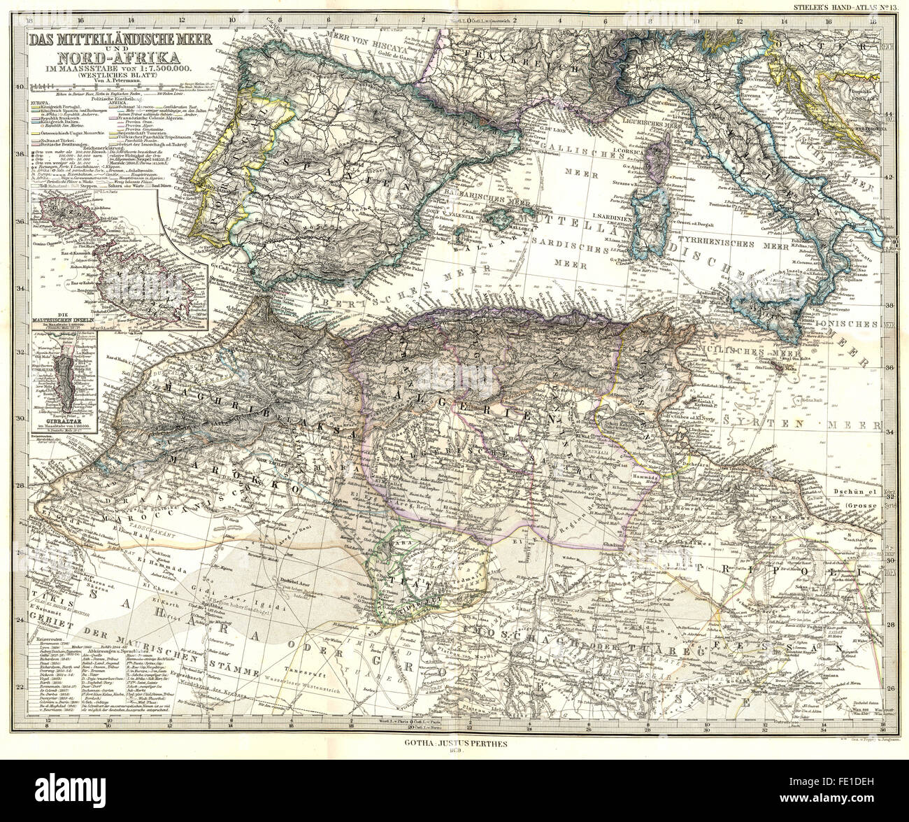 MITTELLANDISCHE: Nord-Afrika; Malta; Gibilterra, 1879 Mappa antichi Foto Stock