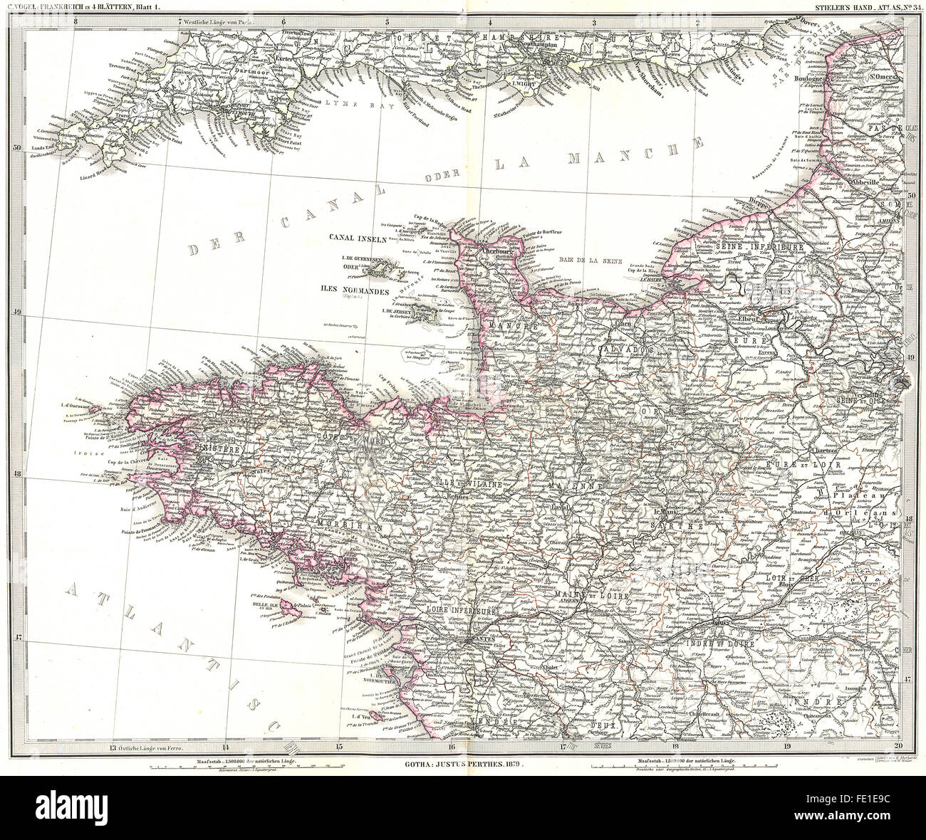 Francia: FRANKREICH NW della Britannia, 1879 Mappa antichi Foto Stock