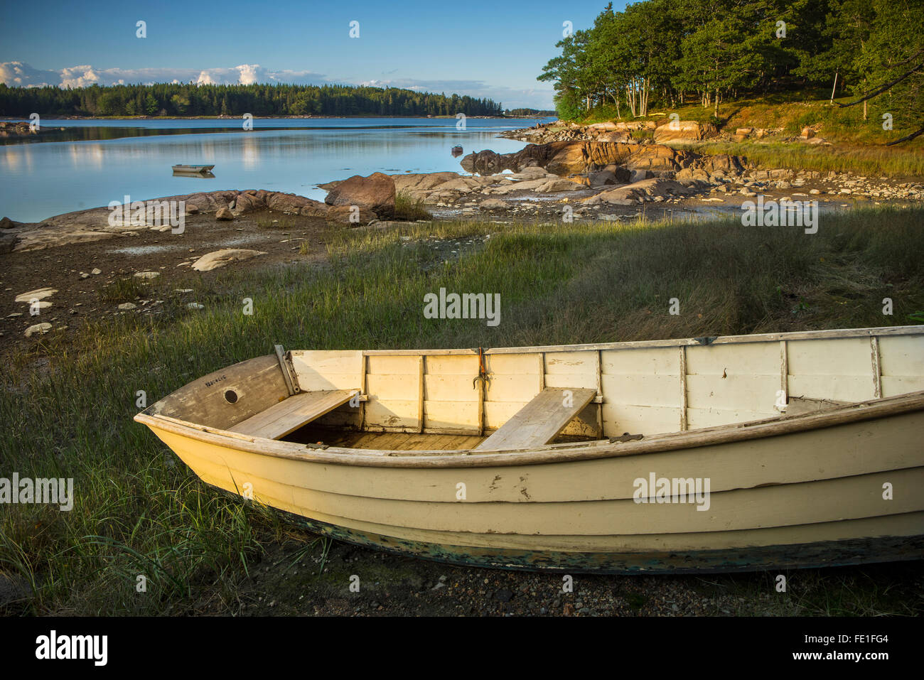 Deer Isle, Maine: di legno barca a remi in una tranquilla insenatura di cervi Isola Foto Stock