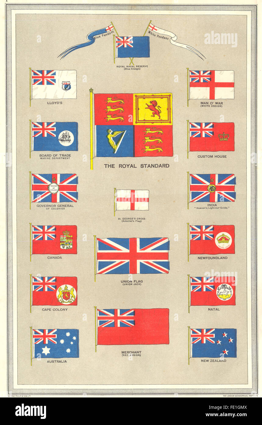 BRITISH EMPIRE BANDIERE: Unione Jack Rosso Bianco Ensign Lloyd's Royal Standard, 1907 Foto Stock