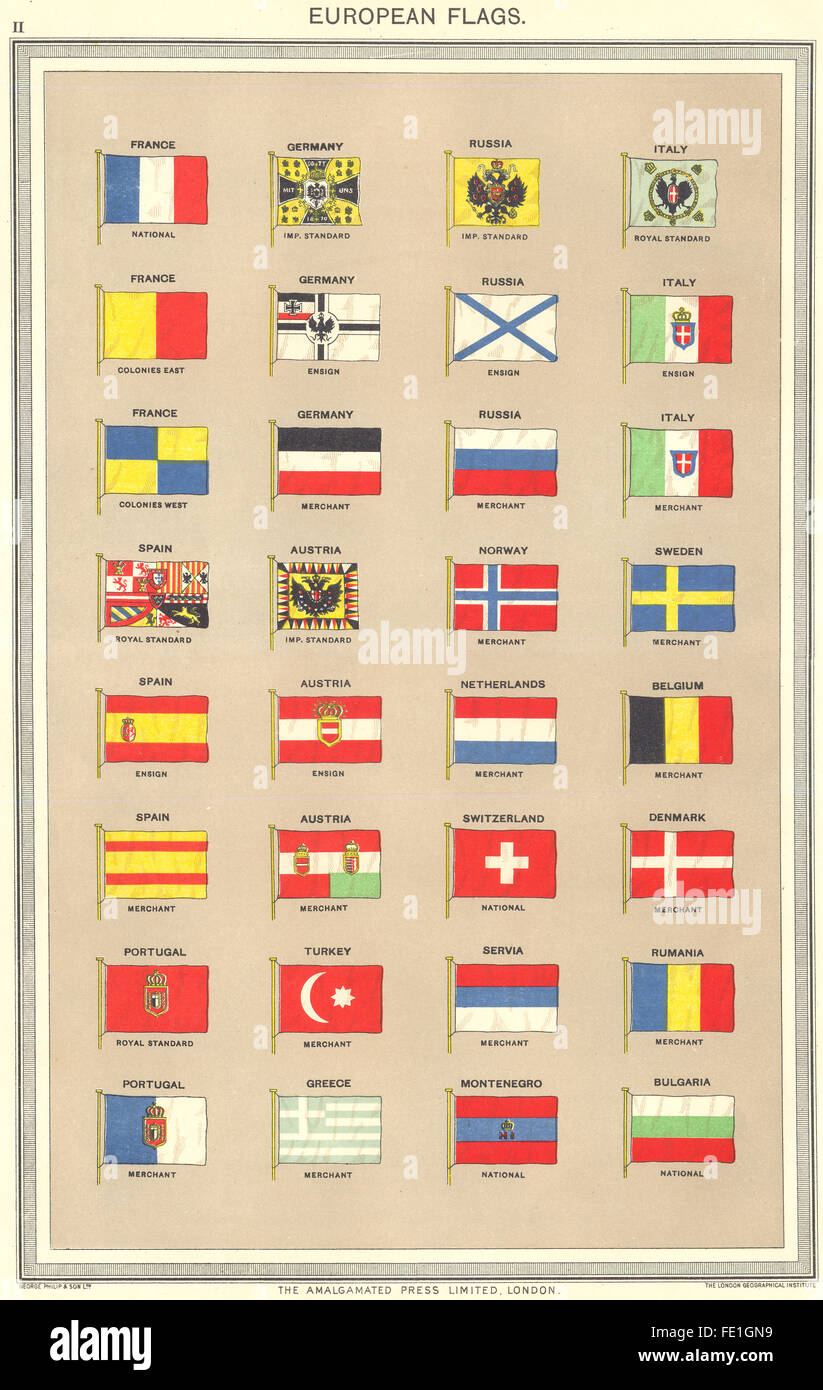 Bandiere europee: Russia Francia Germania Italia Spagna Austria Portogallo Norvegia, 1907 Foto Stock