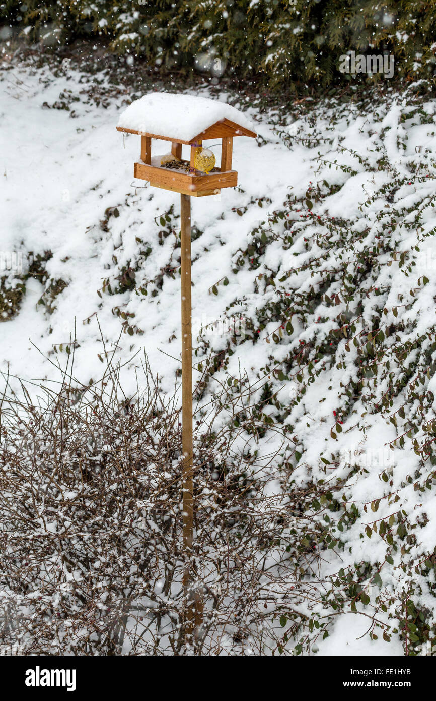 In casa semplice legno Bird Feeder installato su giardino d inverno in giornata nevosa Foto Stock