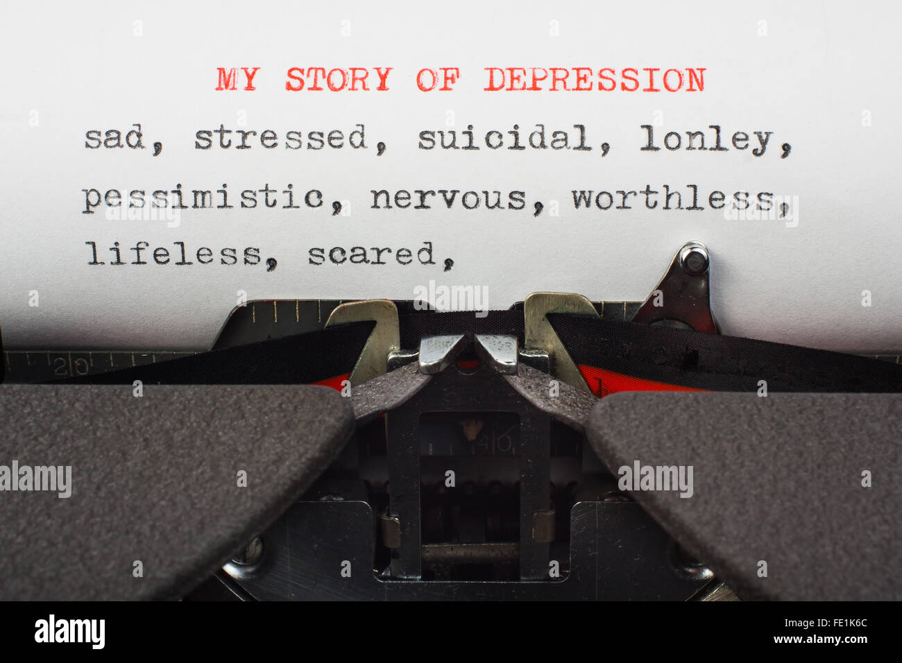 'My storia di depressione' scritto su una macchina da scrivere Foto Stock