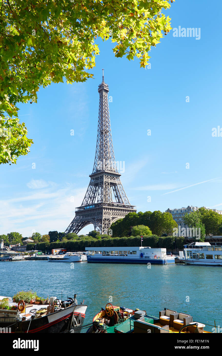 Alla torre eiffel e al fiume Senna vista verde con rami di alberi in una giornata di sole a Parigi Foto Stock
