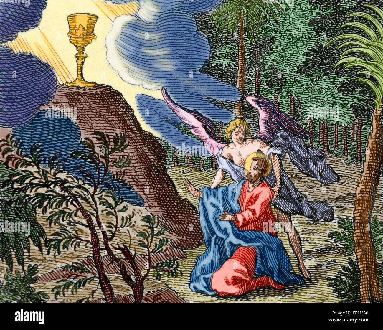 Il Nuovo Testamento. Matteo. Capitolo 26. Gesù che prega nel giardino del Getsemani. Un angelo appare a consolarlo. Incisione. Colorati. Foto Stock