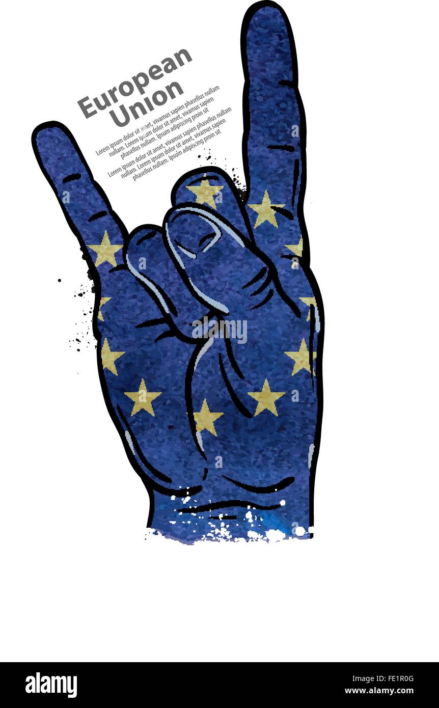 Il gesto a mano cool, rock and roll. bandiera dell'Unione europea. illustrazione vettoriale Illustrazione Vettoriale