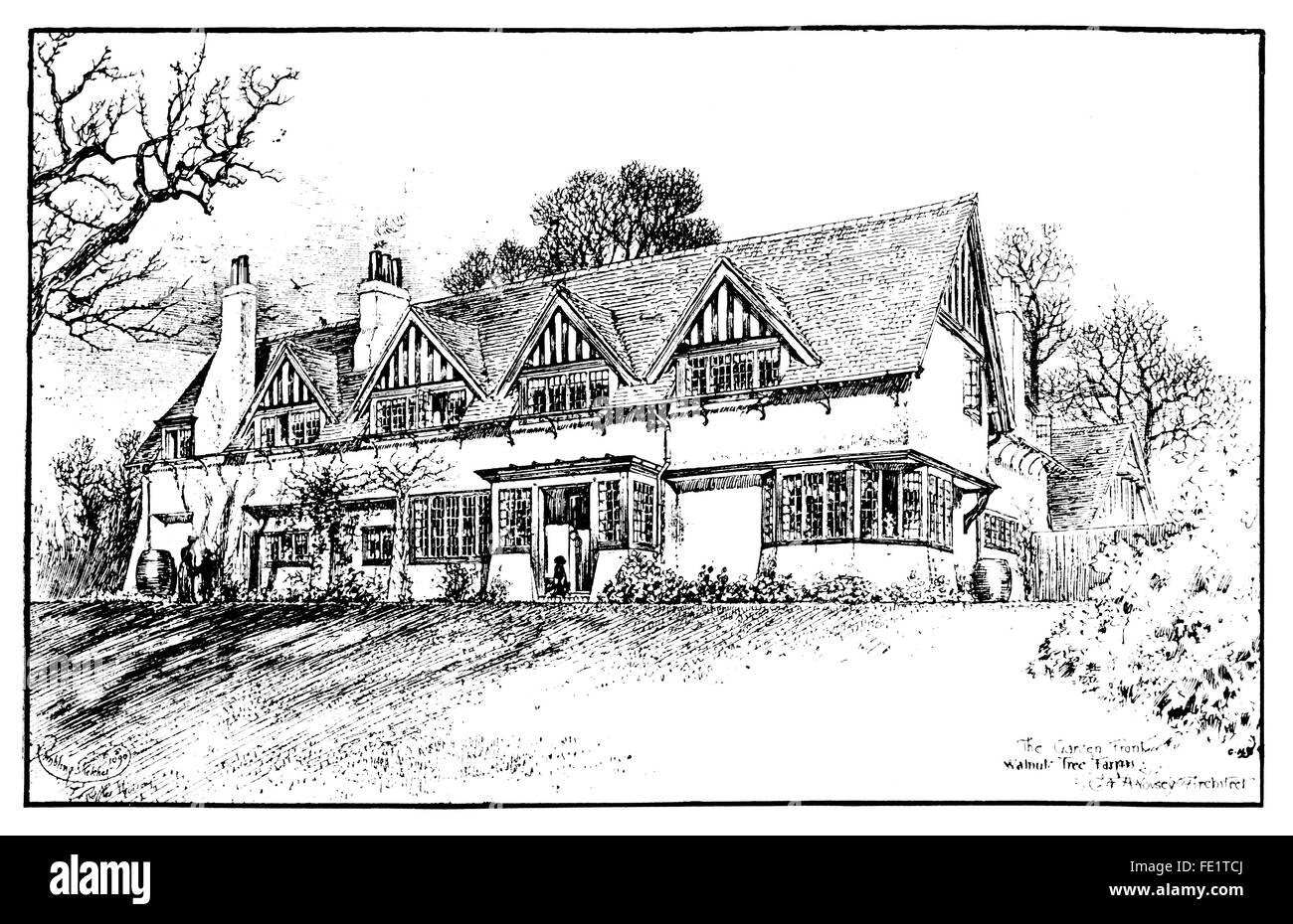 Regno Unito, Inghilterra, Castlemoreton, Malvern Walnut Tree Farm, progettato dall'architetto CFA, Voysey, illustrazione di linea dal 1897 Foto Stock