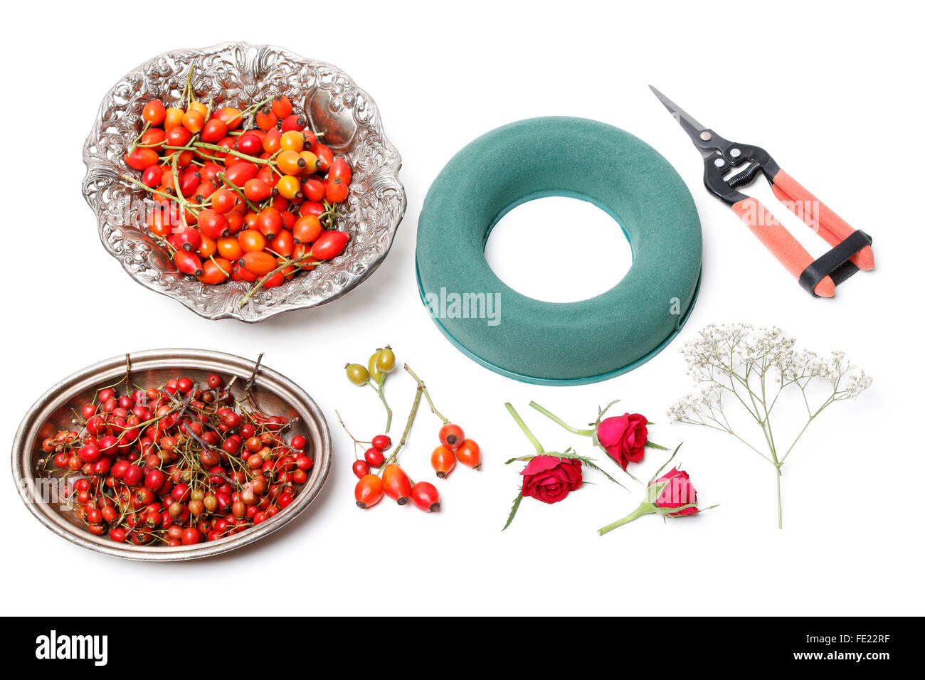 Fioraio al lavoro: Come rendere corona porta con rosa canina, biancospino e rowan berry. Passo dopo passo, tutorial isolato su bianco. Foto Stock