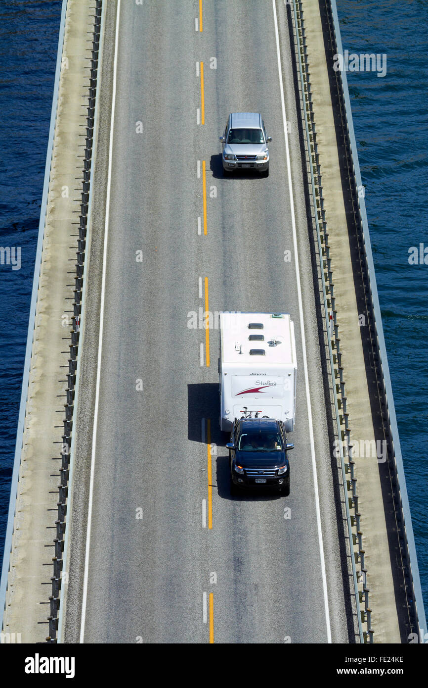 Arresto automatico del punto del ponte e il Lago di Dunstan, Cromwell di Central Otago, Isola del Sud, Nuova Zelanda Foto Stock