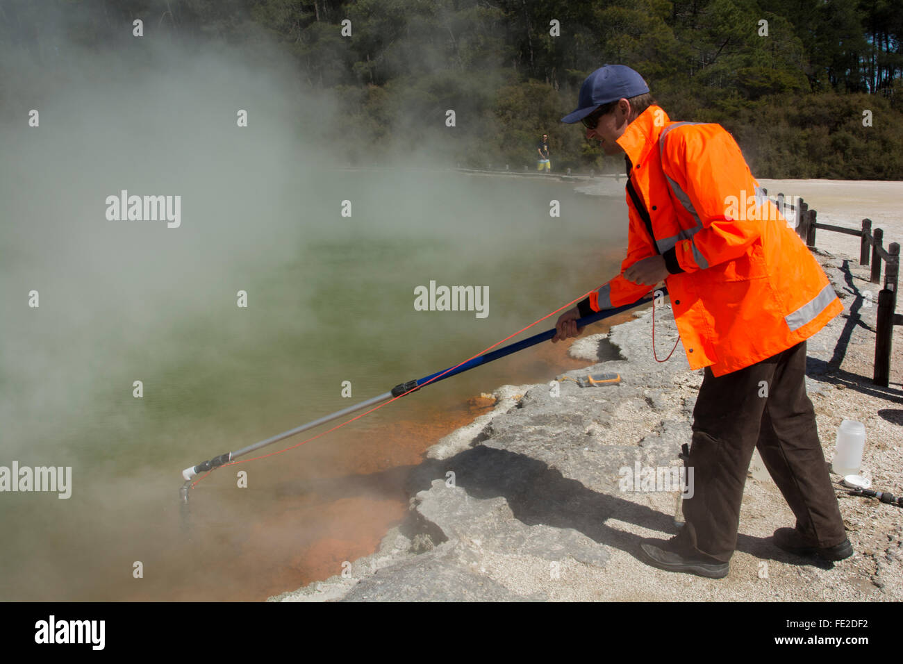 GNS scienziato Matt Stott è il campionamento microrganismi dal pool di Champagne nel Wai-O-Tapu area in Nuova Zelanda. Foto Stock