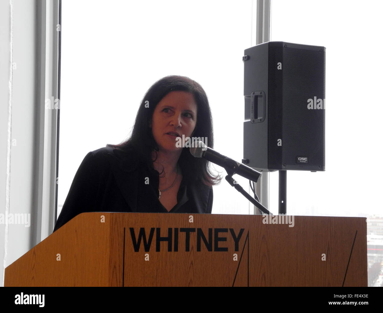 New York, NY, STATI UNITI D'AMERICA. 03Feb, 2016. Noi artista americana Laura Poitras parla in apertura della sua mostra 'Astro rumore' del Whitney Museum of American Art di New York, NY, STATI UNITI D'AMERICA, 03 febbraio 2016. Foto: Johannes Schmitt-Tegge/dpa/Alamy Live News Foto Stock