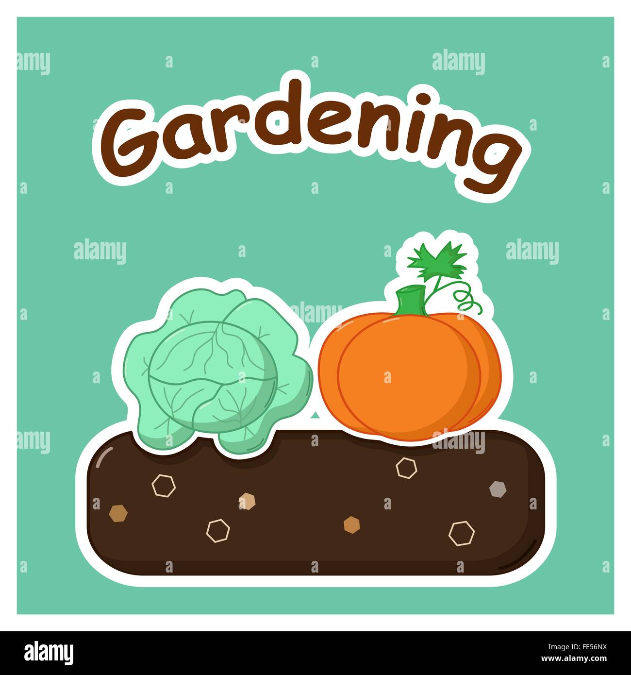 Letto giardino con cavolo maturo e zucca Illustrazione Vettoriale