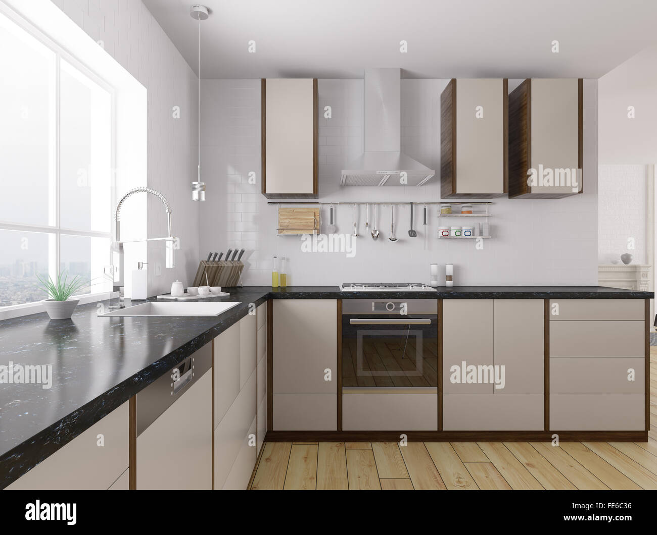 Cucina moderna con granito nero contatore Interni rendering 3D Foto Stock