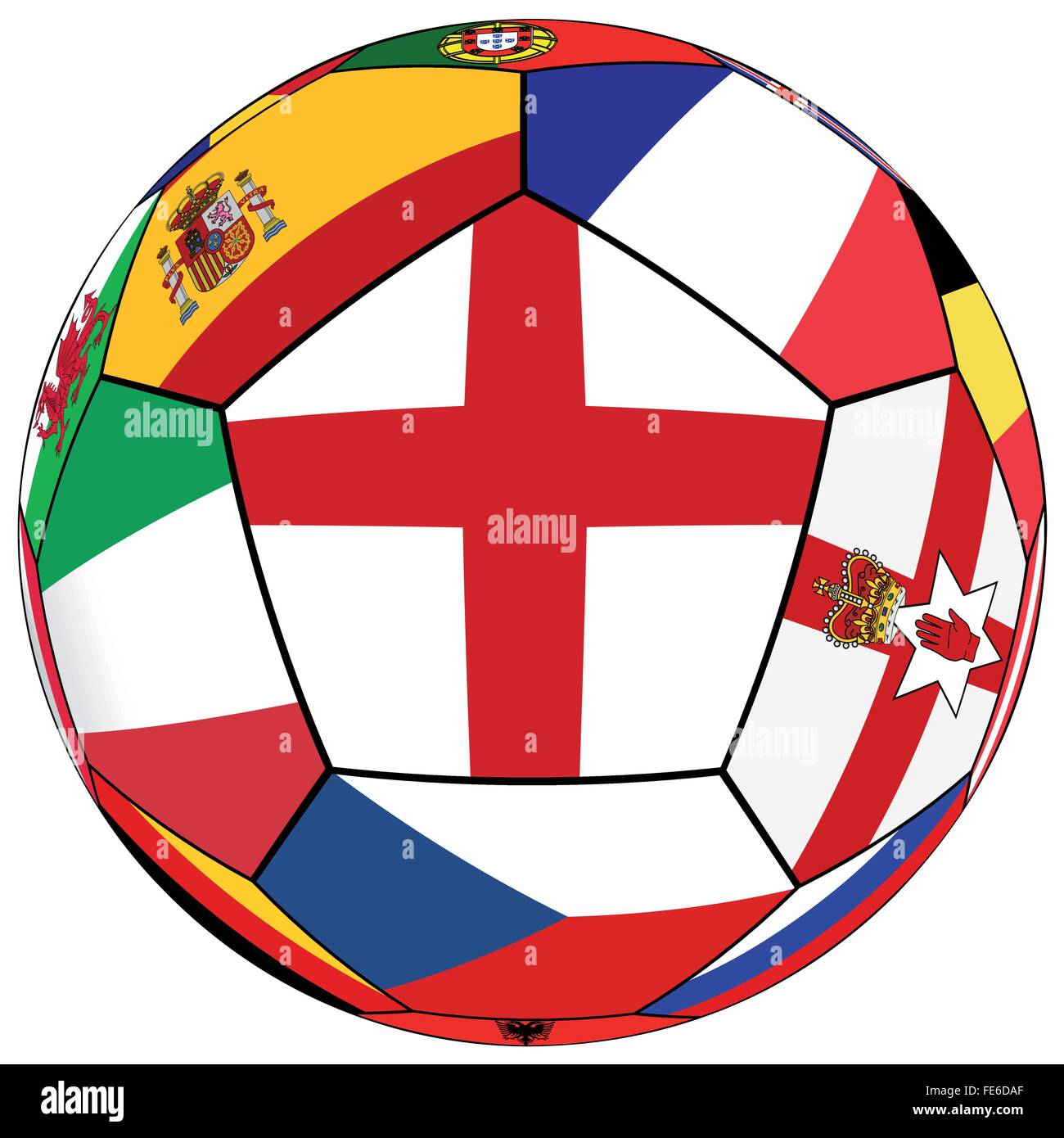Pallone da calcio su uno sfondo bianco con bandiere di paesi europei - Inghilterra bandiera dominante Illustrazione Vettoriale