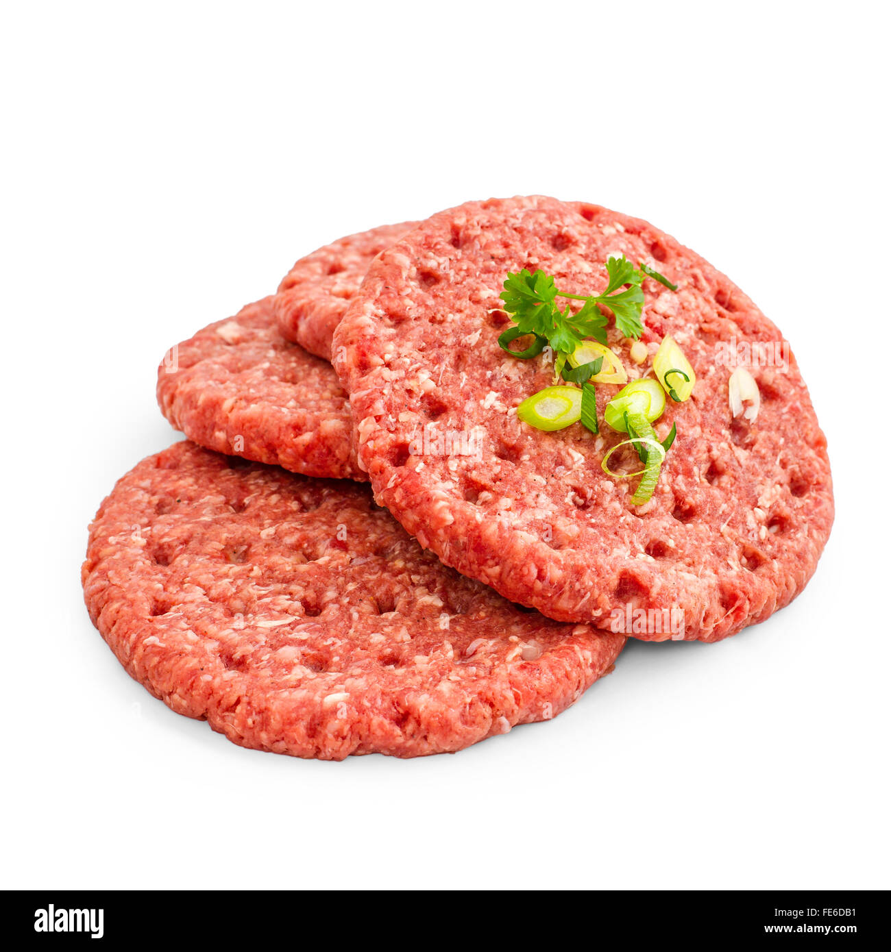 Quattro hamburger freschi fette su bianco isolato Foto Stock