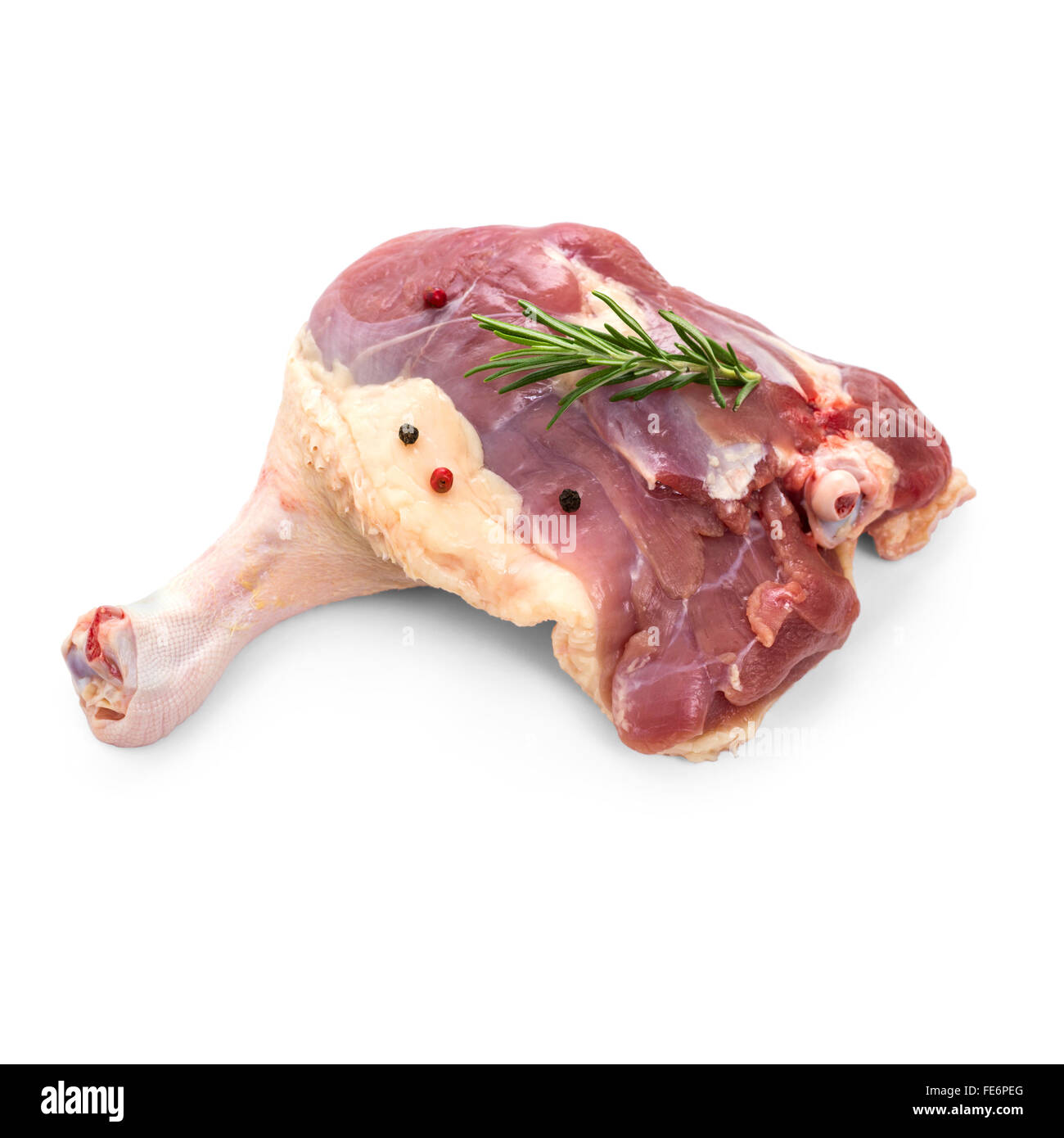 Barbarie la gamba d'anatra con il rametto di rosmarino su bianco isolato Foto Stock