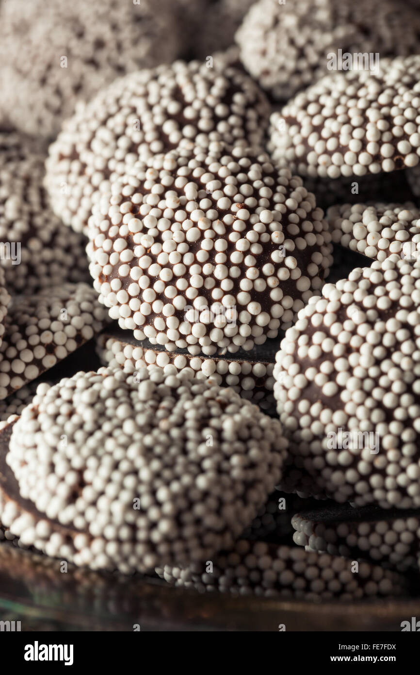 Dolci fatti in casa il cioccolato scuro Nonpareils con spruzzi di colore bianco Foto Stock