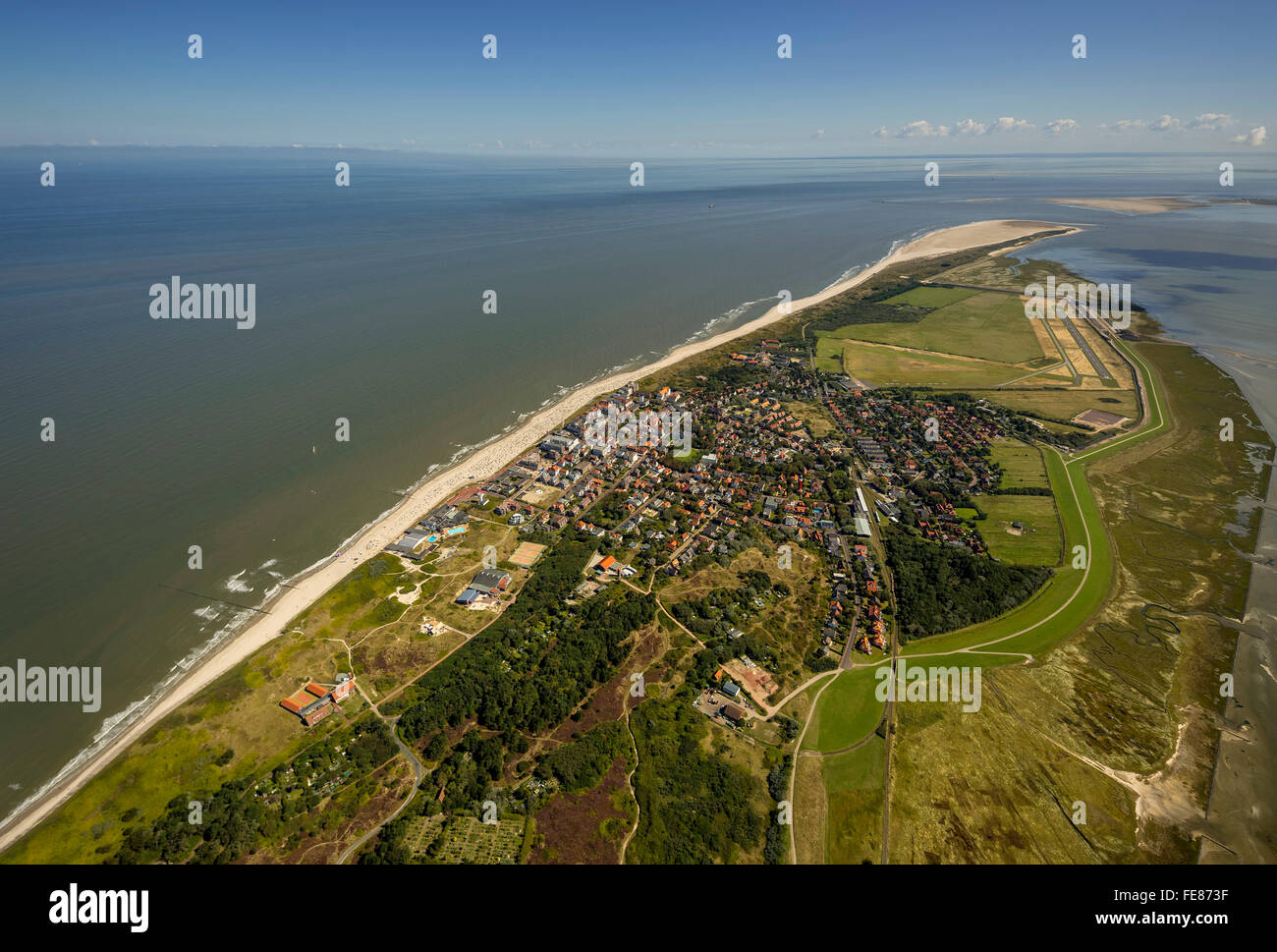 Vista aerea, Wangerooge, Mare del Nord, isola del Mare del Nord, Est Isole Frisone, Mare, Bassa Sassonia, Germania, Europa, vista aerea, Foto Stock