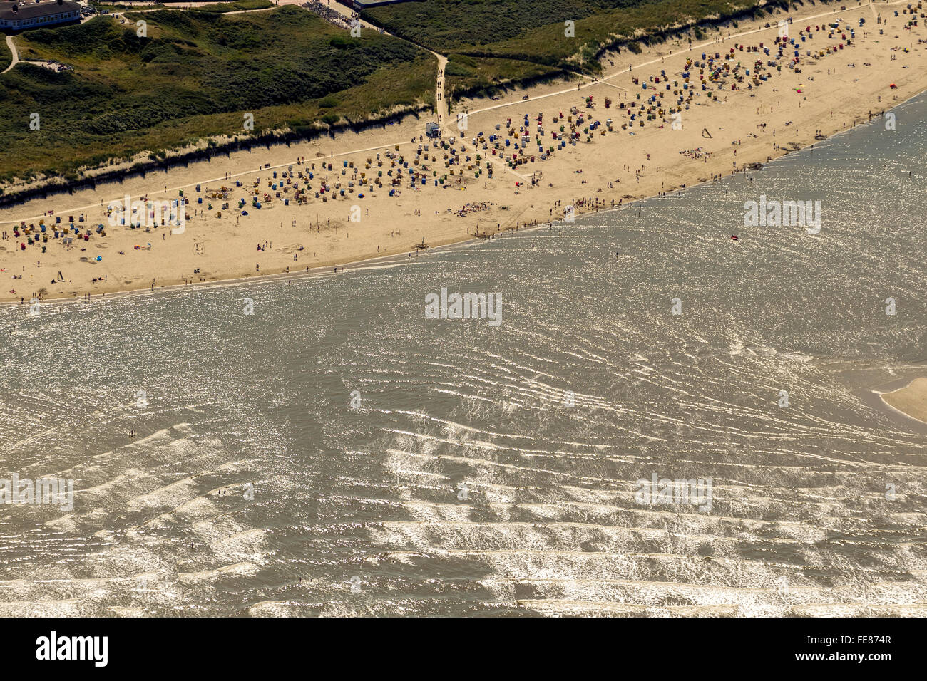 Spiaggia di sabbia, vista aerea, Langeoog, Mare del Nord, isola del Mare del Nord, Est Isole Frisone, Bassa Sassonia, Germania, Europa, antenna Foto Stock