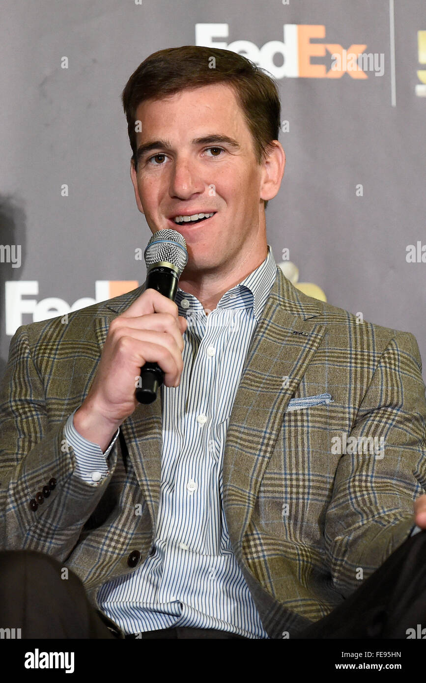 Mercoledì 3 febbraio, 2016: NFL Quarterback Eli Manning prende parte ad una conferenza stampa a San Francisco, California durante la National Football League la settimana di apertura delle celebrazioni per il Super Bowl 50 tra la Carolina Panthers e Denver Broncos . Eric Canha/CSM Foto Stock