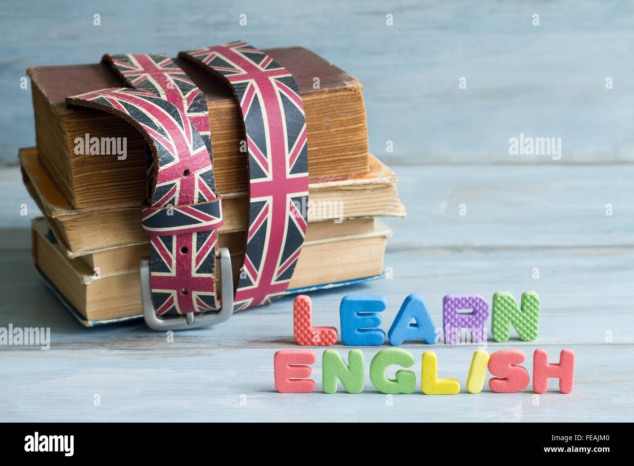 Impara inglese il concetto di istruzione con i libri e le lettere concept Foto Stock