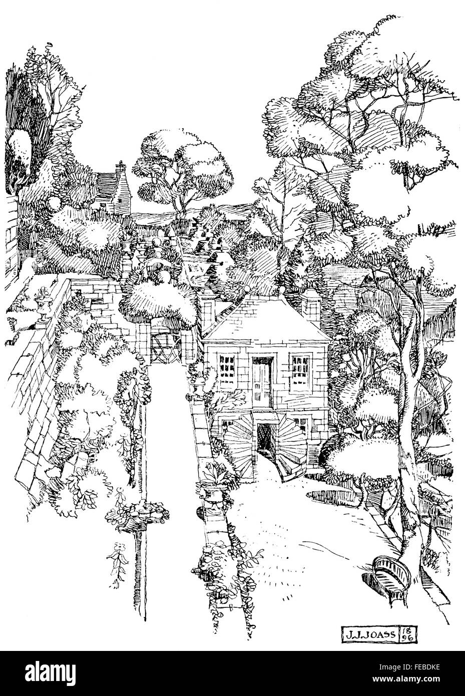 Regno Unito, Scozia, Hamilton, Barncluith, country house giardino formale, illustrazione di linea da John J Joass, dal 1897 lo Studio Magazi Foto Stock