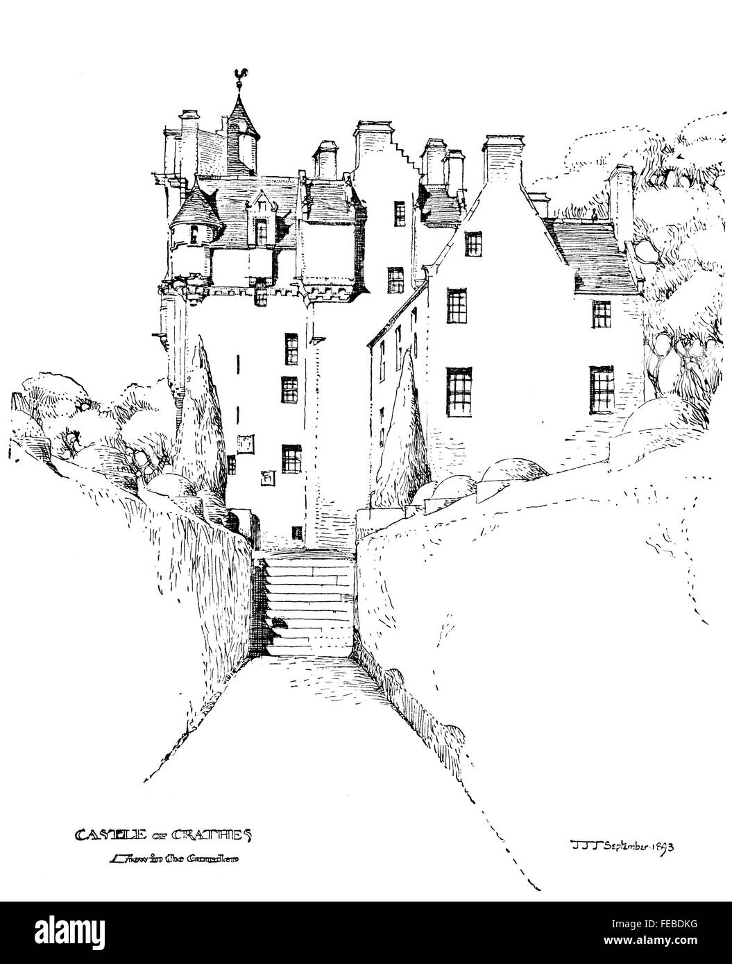 Regno Unito, Scozia, Aberdeenshire, Banchory, Crathes Castle country house giardino formale, illustrazione di linea da John J Joass, dal 1897 Foto Stock