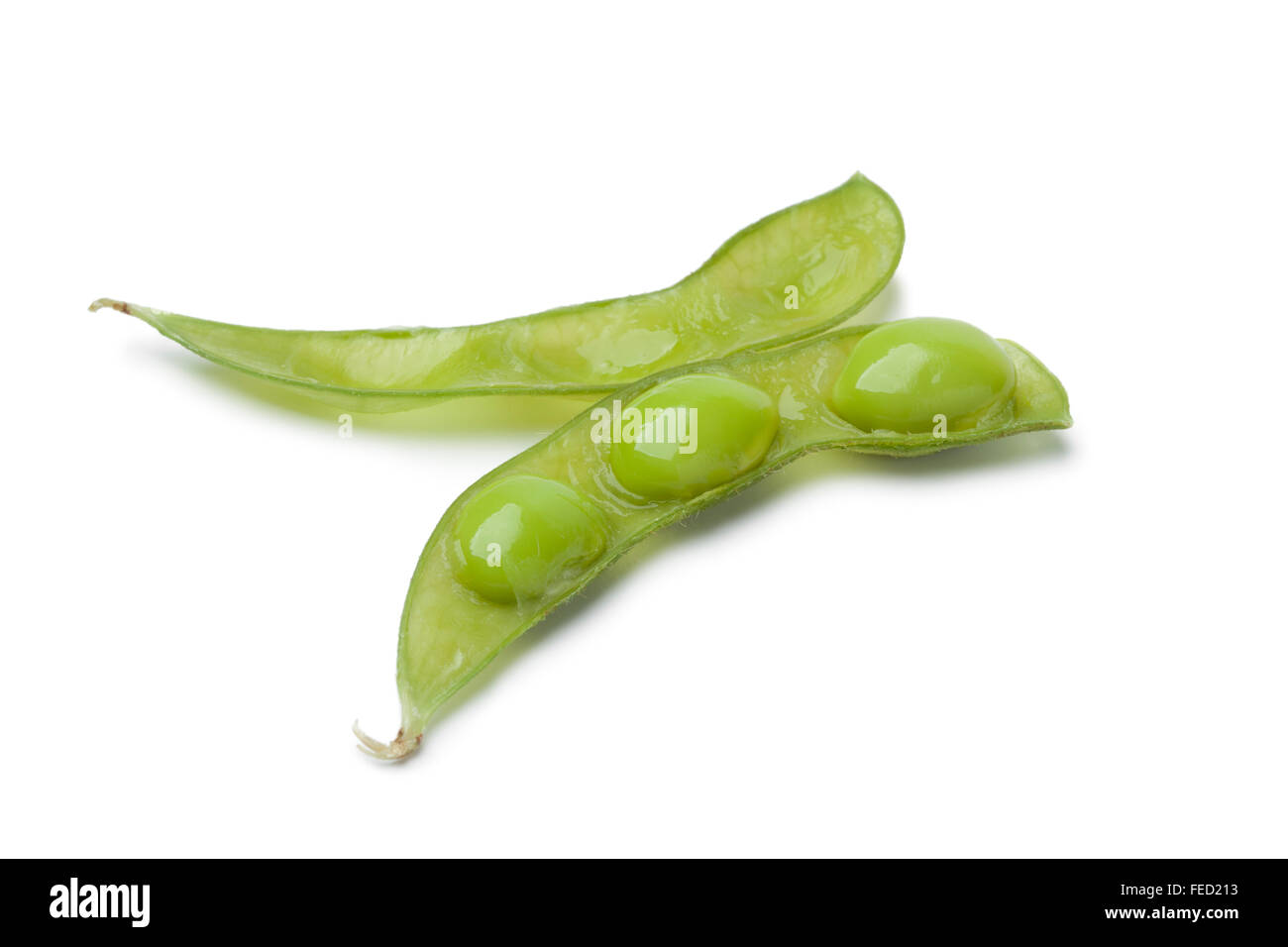 Fresco verde fagioli di soia in un pod su sfondo bianco Foto Stock