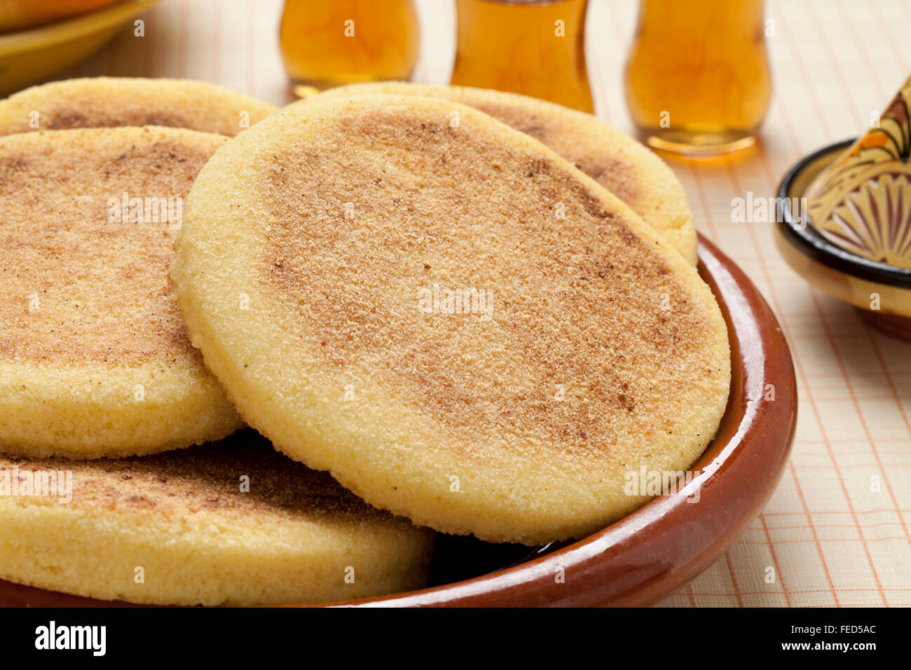 Harcha marocchine close up, semola Pan-Fried Flatbread Foto Stock