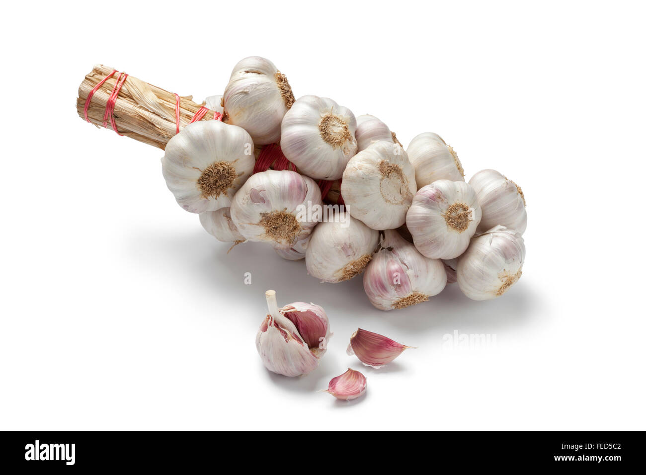 Stringa di bulbi di aglio su sfondo bianco Foto Stock