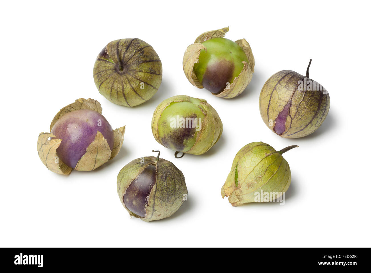 Viola fresca e tomatillos verdi su sfondo bianco Foto Stock