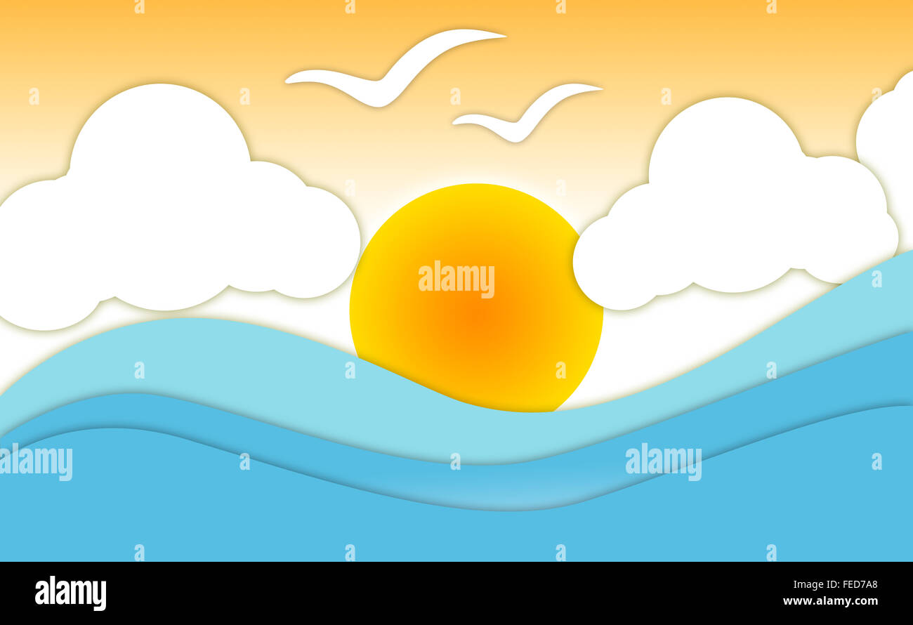 Carta da parati astratto sole bruciante, valley, nuvole e uccelli in volo Foto Stock