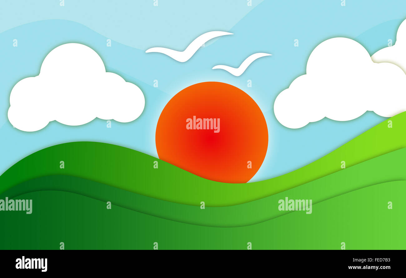 Carta da parati astratto sole bruciante, valley, nuvole e uccelli in volo Foto Stock