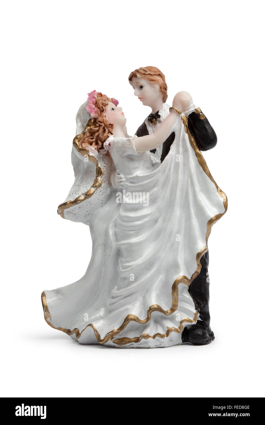 Sposa e lo sposo dancing, old cake topper su sfondo bianco Foto Stock