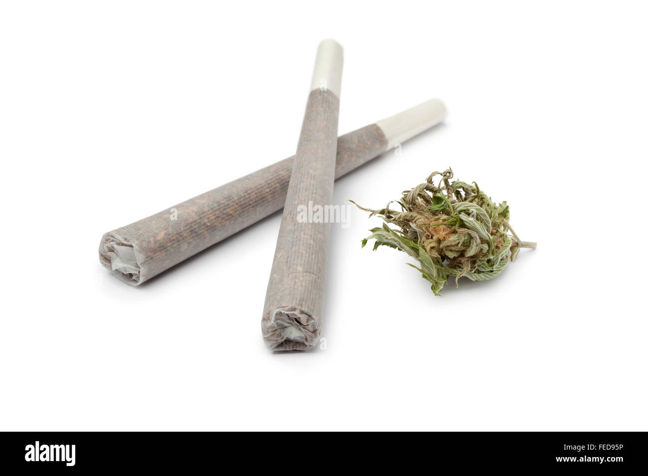 Due centinati con un germoglio di Marijuana su sfondo bianco Foto Stock