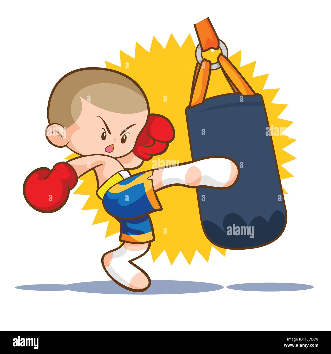 Muay Thai kids contrappeso kick boxing.pratica il pugilato in una palestra sportiva da calci sacchi di sabbia. Illustrazione Vettoriale