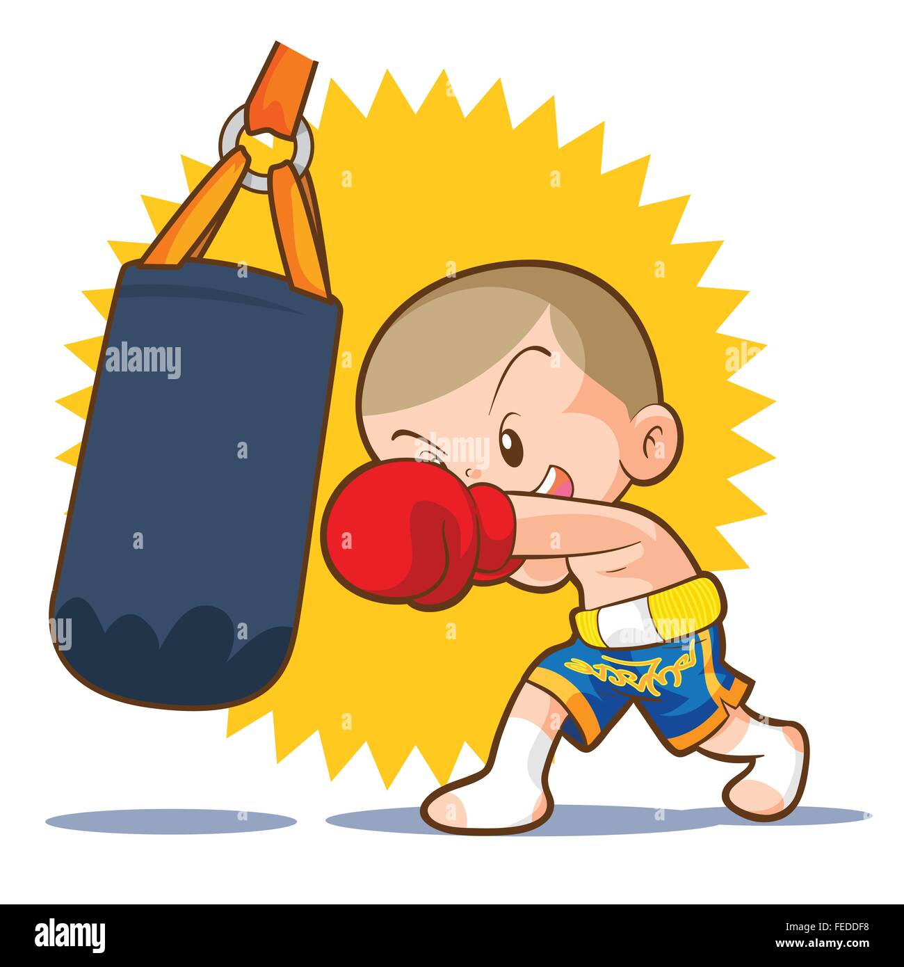 Muay Thai kids contrappeso boxing hit.il pugilato, esercitando, Kickboxing..sportivo Boxing sacco da boxe. Boxer professionale in pantaloncini rossi e guanti di colpire Illustrazione Vettoriale