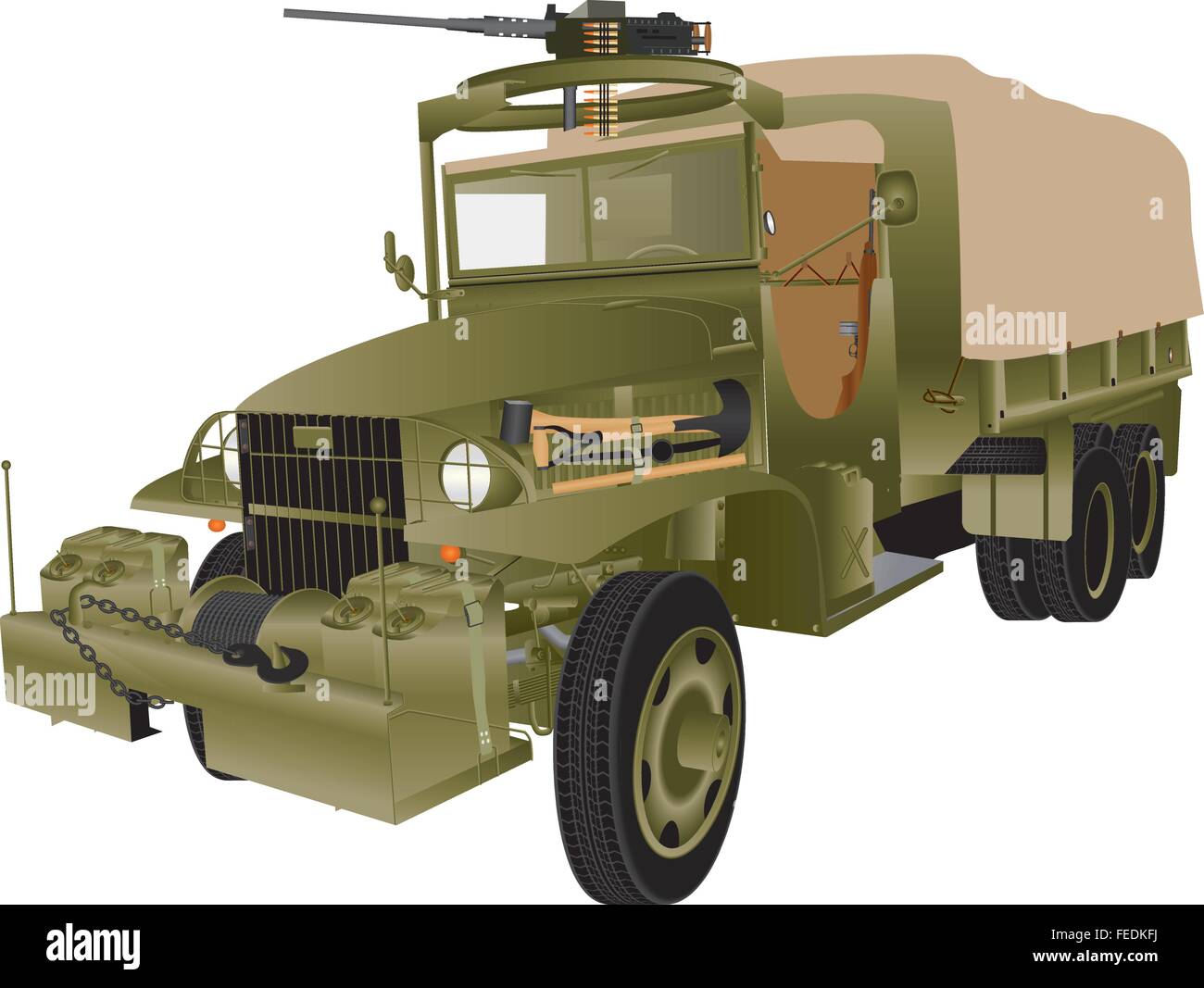 Una illustrazione dettagliata di una decina di Wheeler army truck armati con un anello pesante mitragliatrice con un telone posteriore della cappottatura isolato su bianco Illustrazione Vettoriale