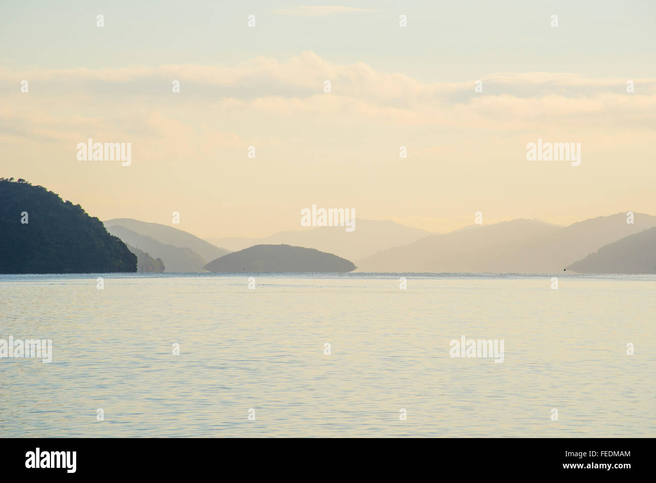 La mattina presto su Queen Charlotte Sound Marlborough Sounds Isola del Sud della Nuova Zelanda Foto Stock