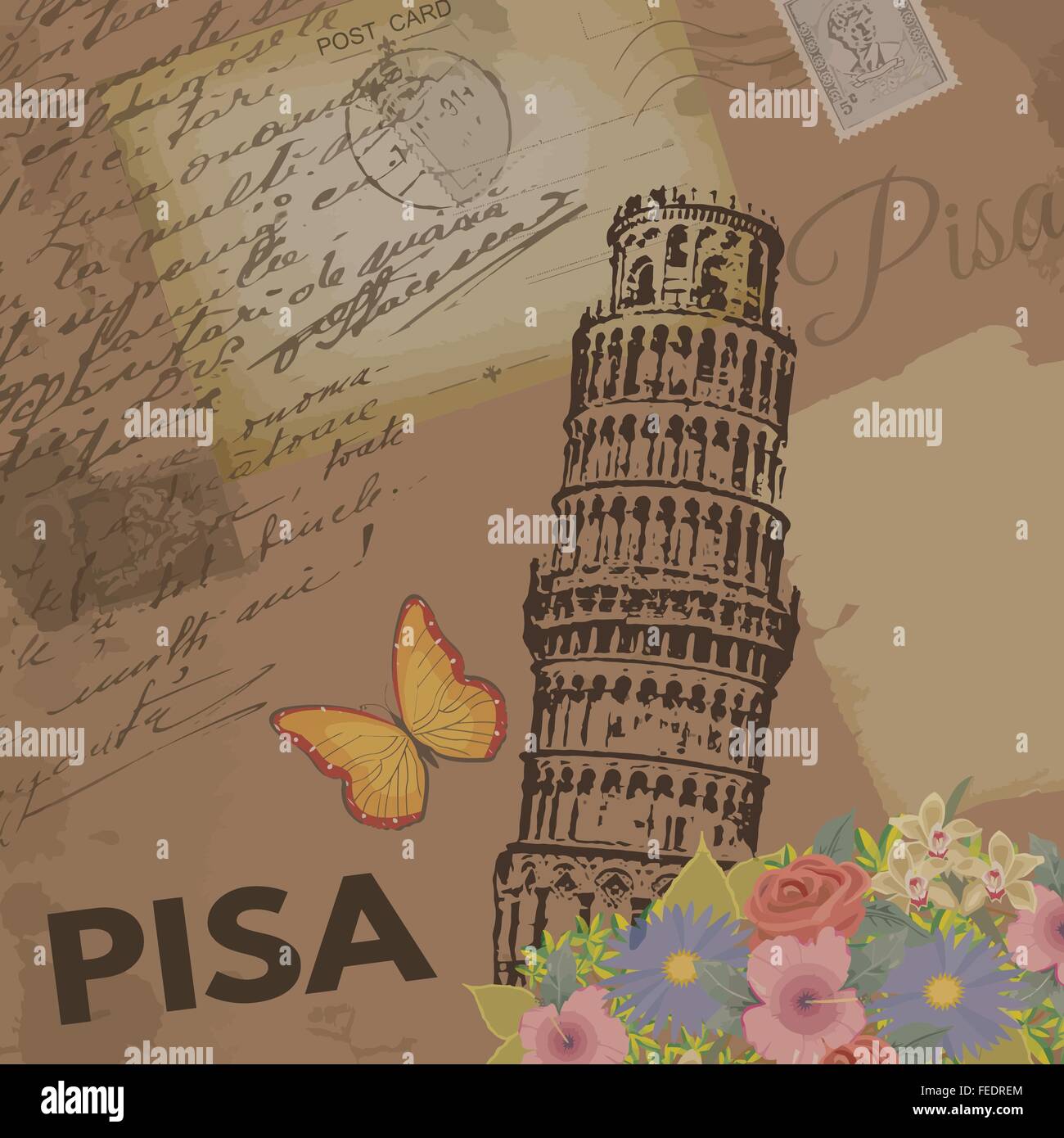 Pisa vintage poster sul nostalgico retrò sfondo con vecchie cartoline, lettere e la Torre di Pisa, illustrazione vettoriale Illustrazione Vettoriale