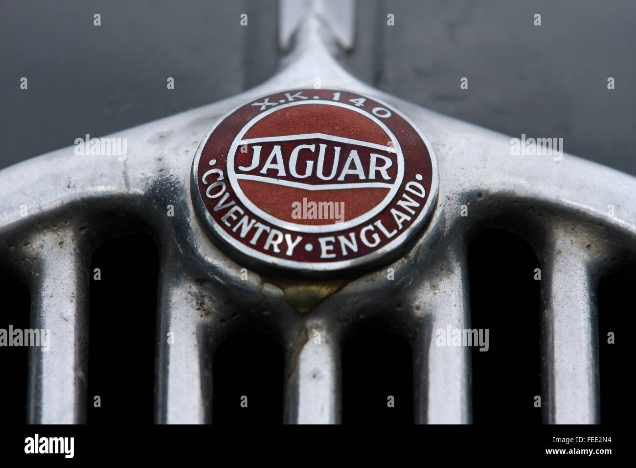 Il grill e badge da un classico Jaguar XK140 auto sportiva costruita tra il 1954 e il 1957 Foto Stock