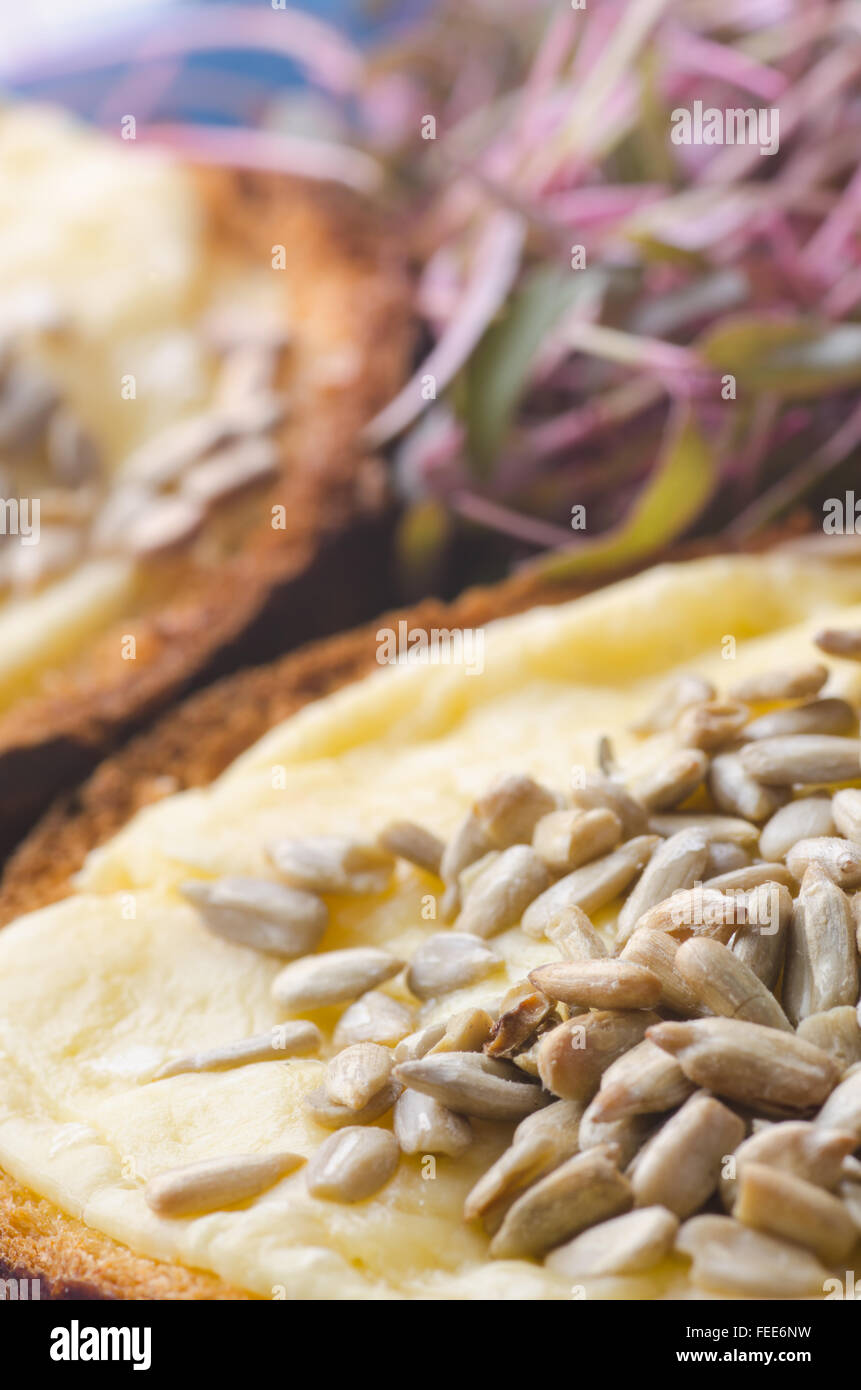Toast con formaggio e semi di girasole su piastra Foto Stock