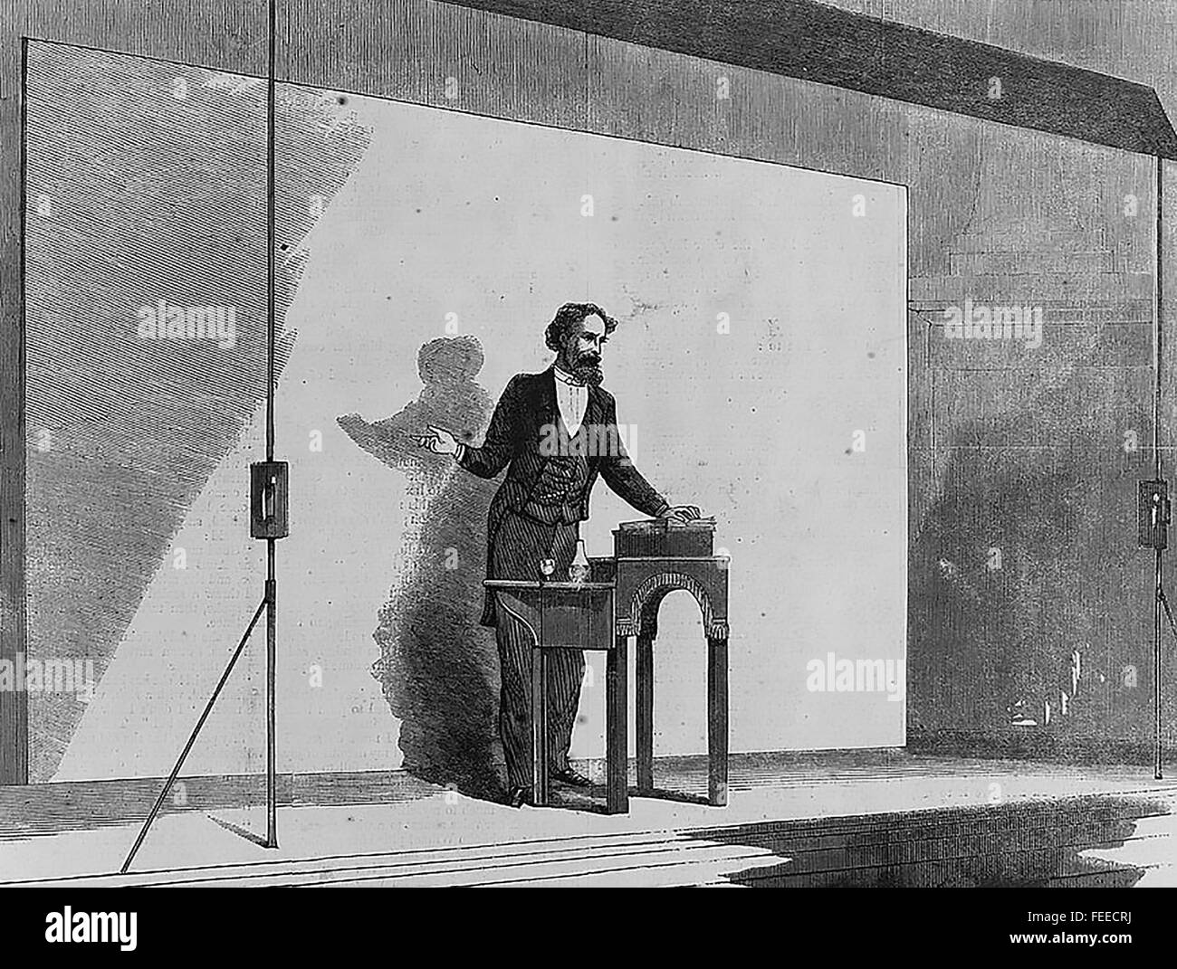 CHARLES DICKENS (1812-1870) autore inglese dando una lettura dal vivo dalle sue opere nel 1867 Foto Stock
