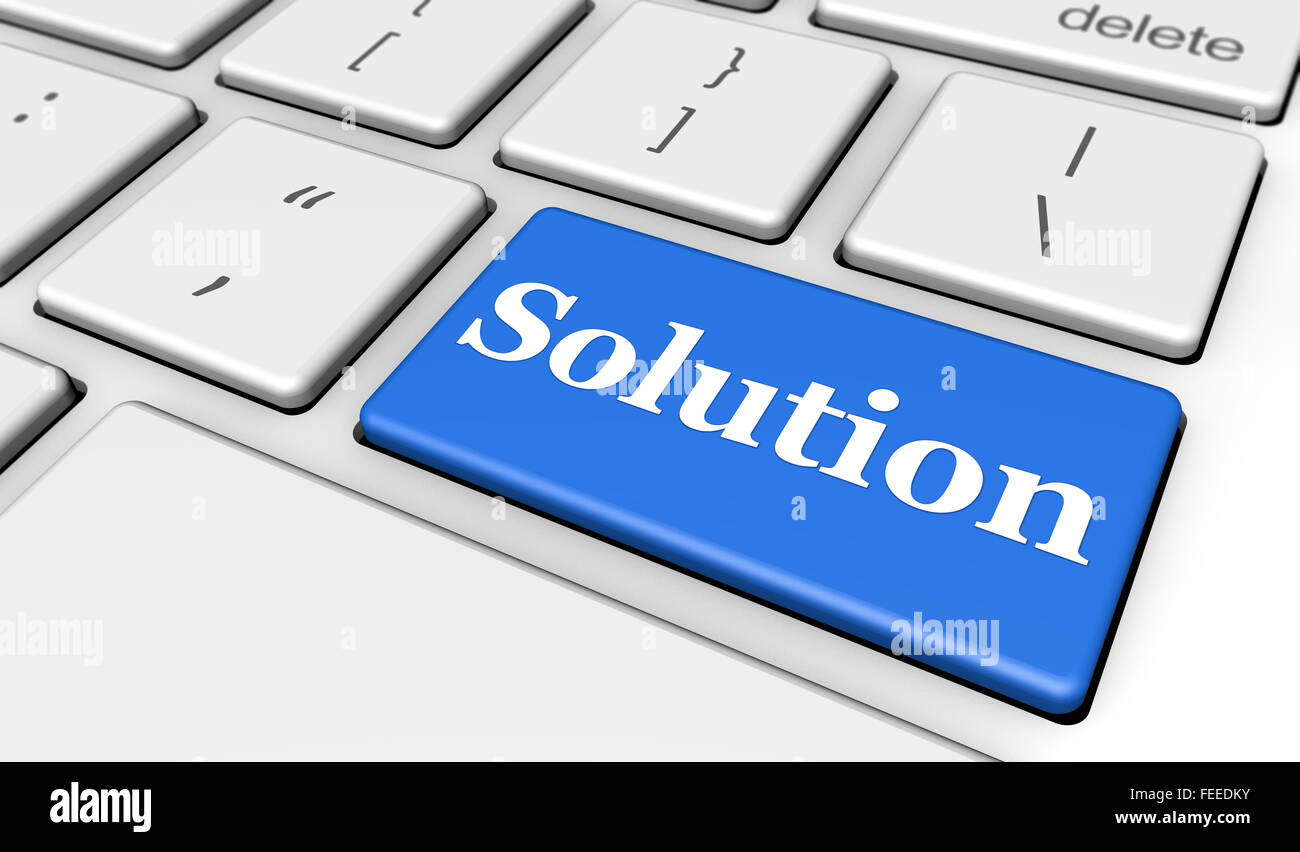 Segno di soluzione e di lettere su un blu della tastiera del computer per blog e web business concept 3d'illustrazione. Foto Stock