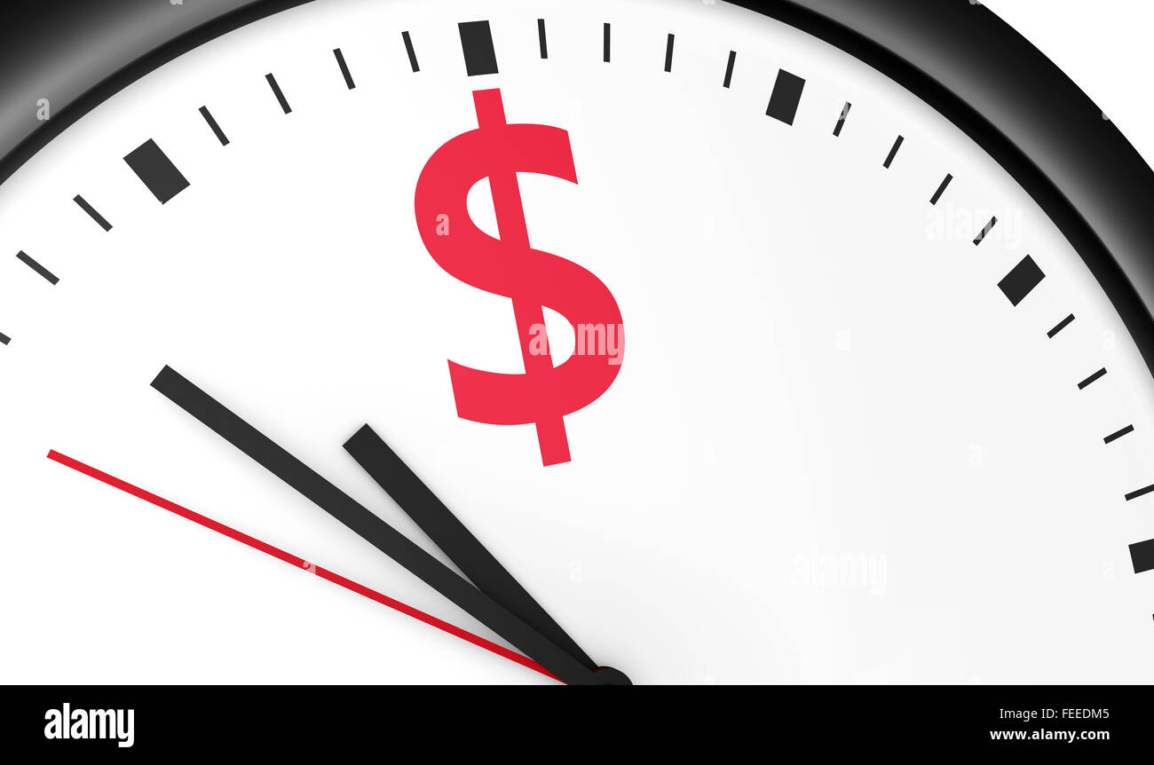 Il tempo è denaro concetto con un close-up di dollari segno e icona stampata su un orologio. Foto Stock
