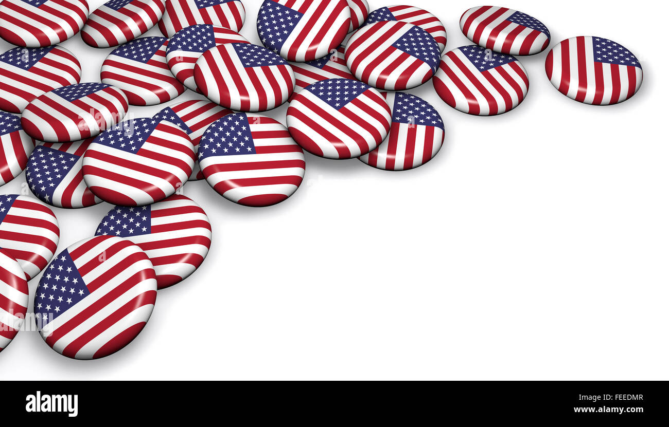 Bandiera degli Stati Uniti scudetti su immagine di sfondo bianca per gli Stati Uniti d'America eventi nazionali, vacanza e celebrazione con copyspace. Foto Stock