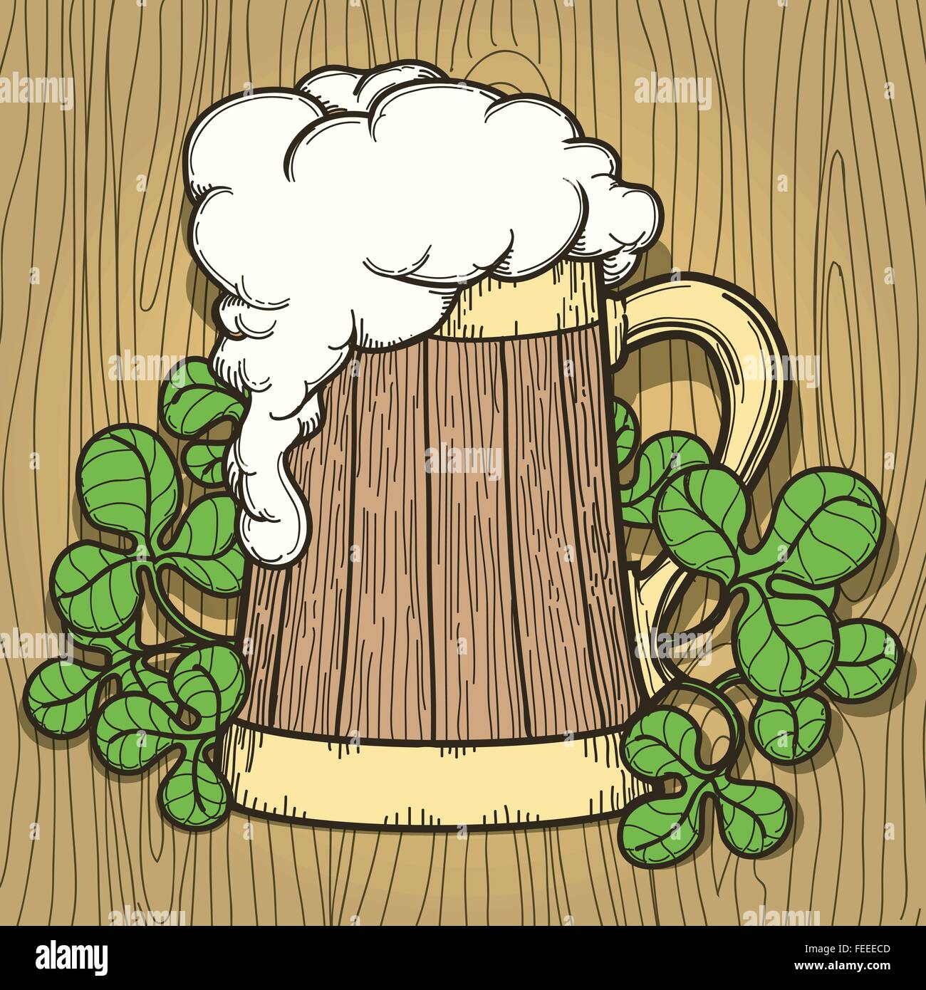 Boccale di birra piena di birra con un sacco di schiuma. Disegnata in stile retrò. Illustrazione Vettoriale